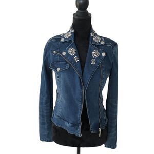 Bebe Rhinestone Embellished Stretchy Retro Y2K Denim Moto Jacket Size S